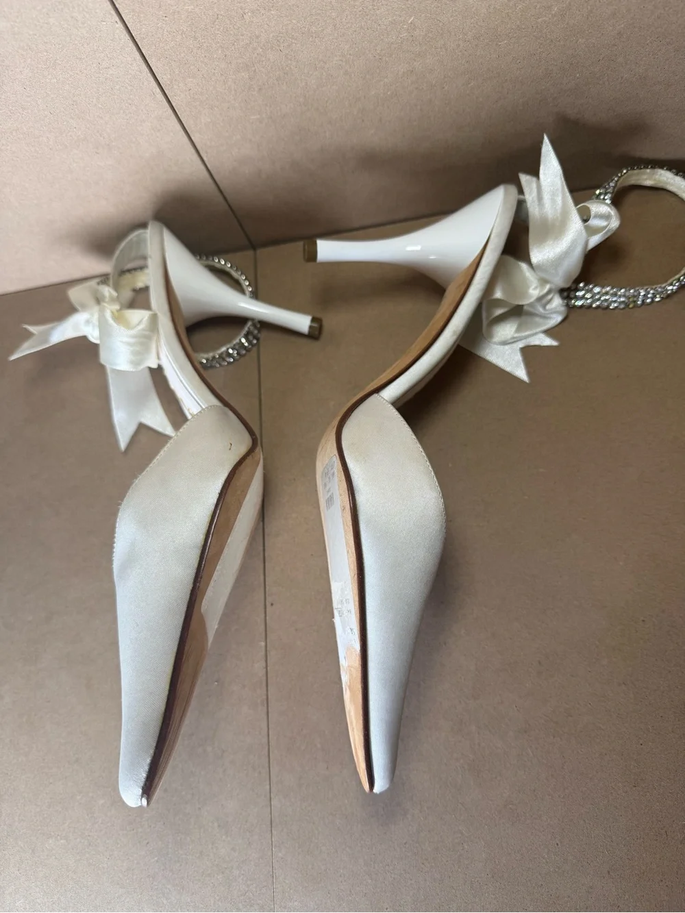 Nina White Satin Leather Pumps Heels Bow Rhinestone Ankle Wrap Size 6.5 6 1/2